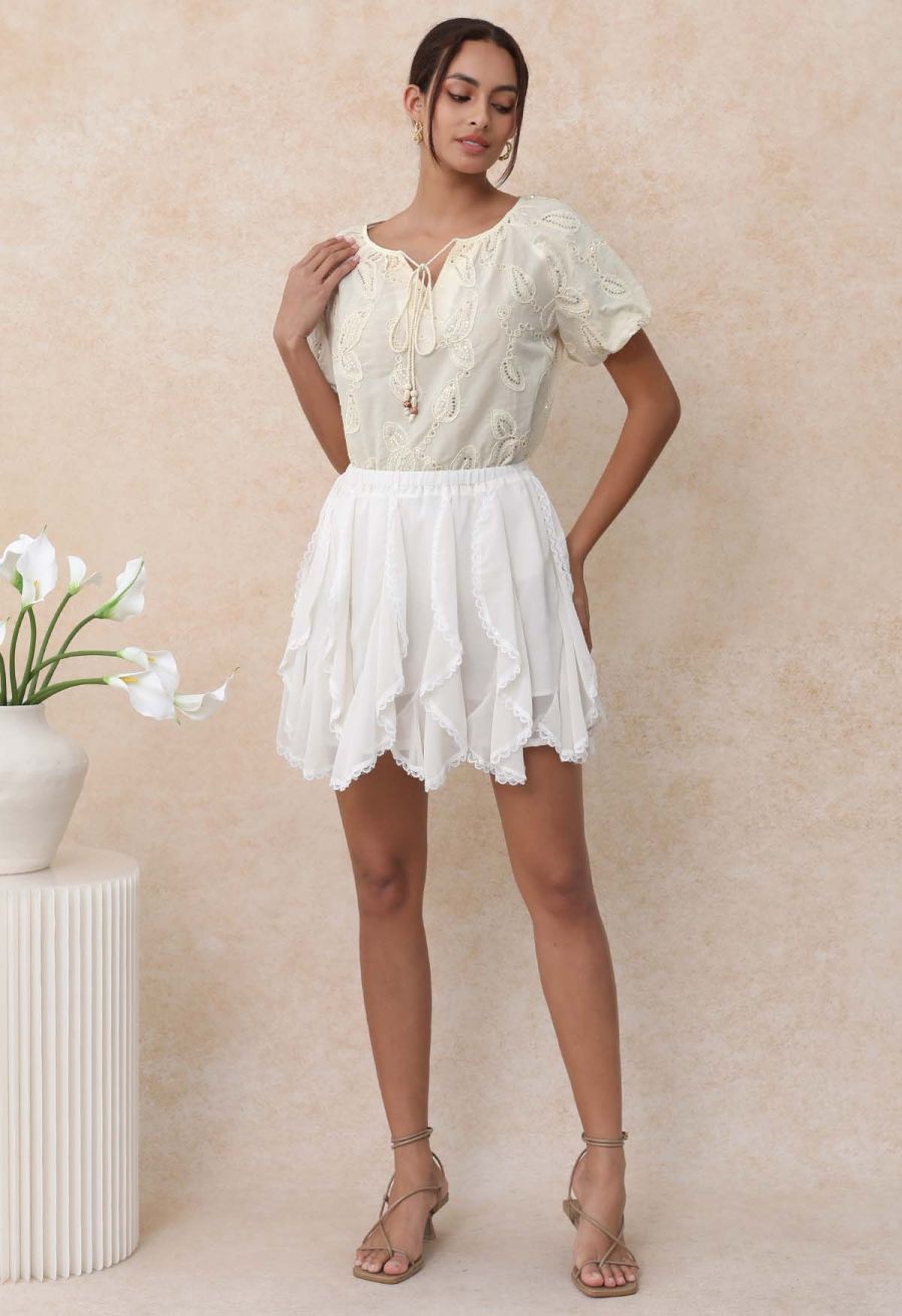 Lace Ruffle Asymmetric Chiffon Mini Skirt in Ivory