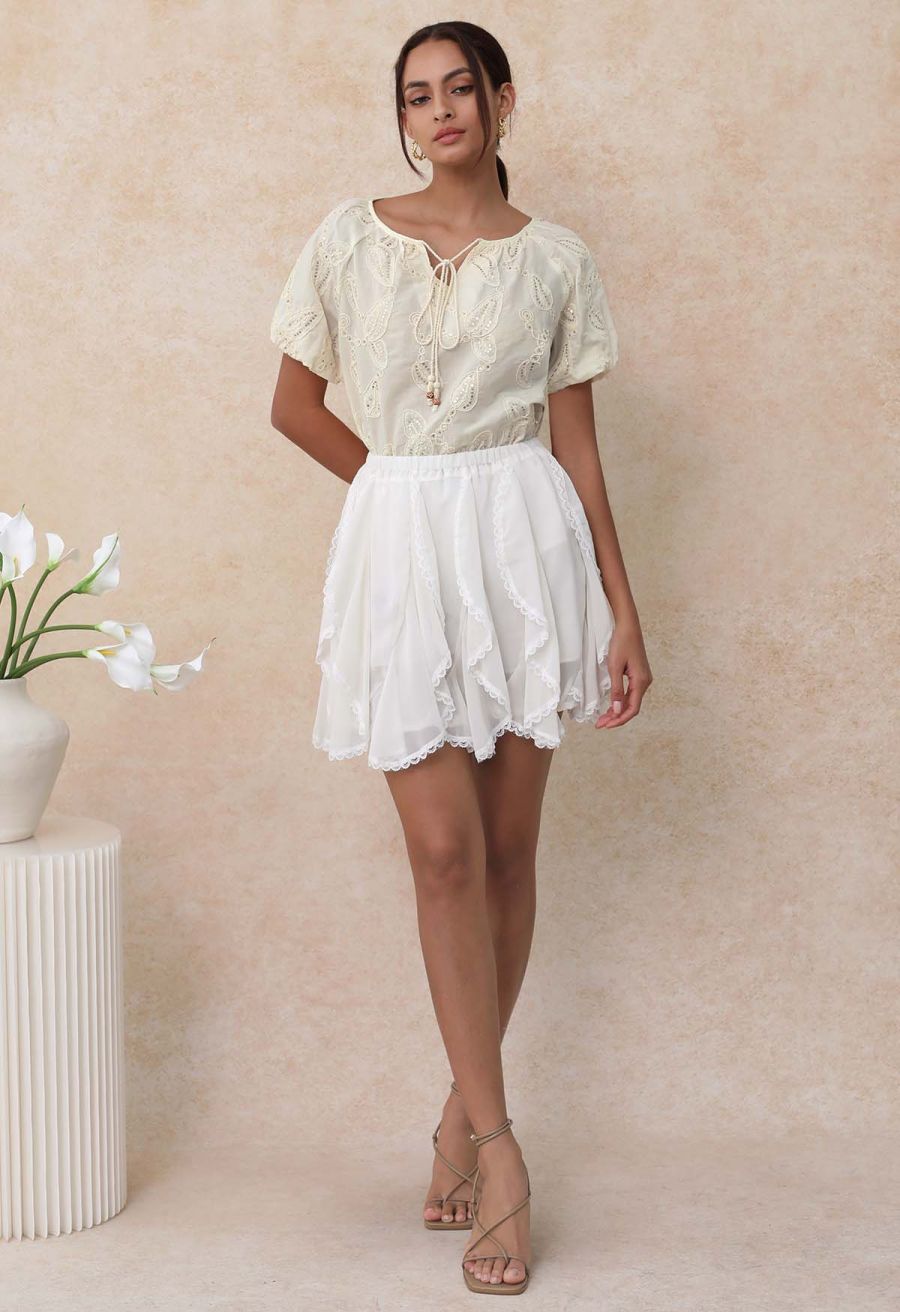 Lace Ruffle Asymmetric Chiffon Mini Skirt in Ivory