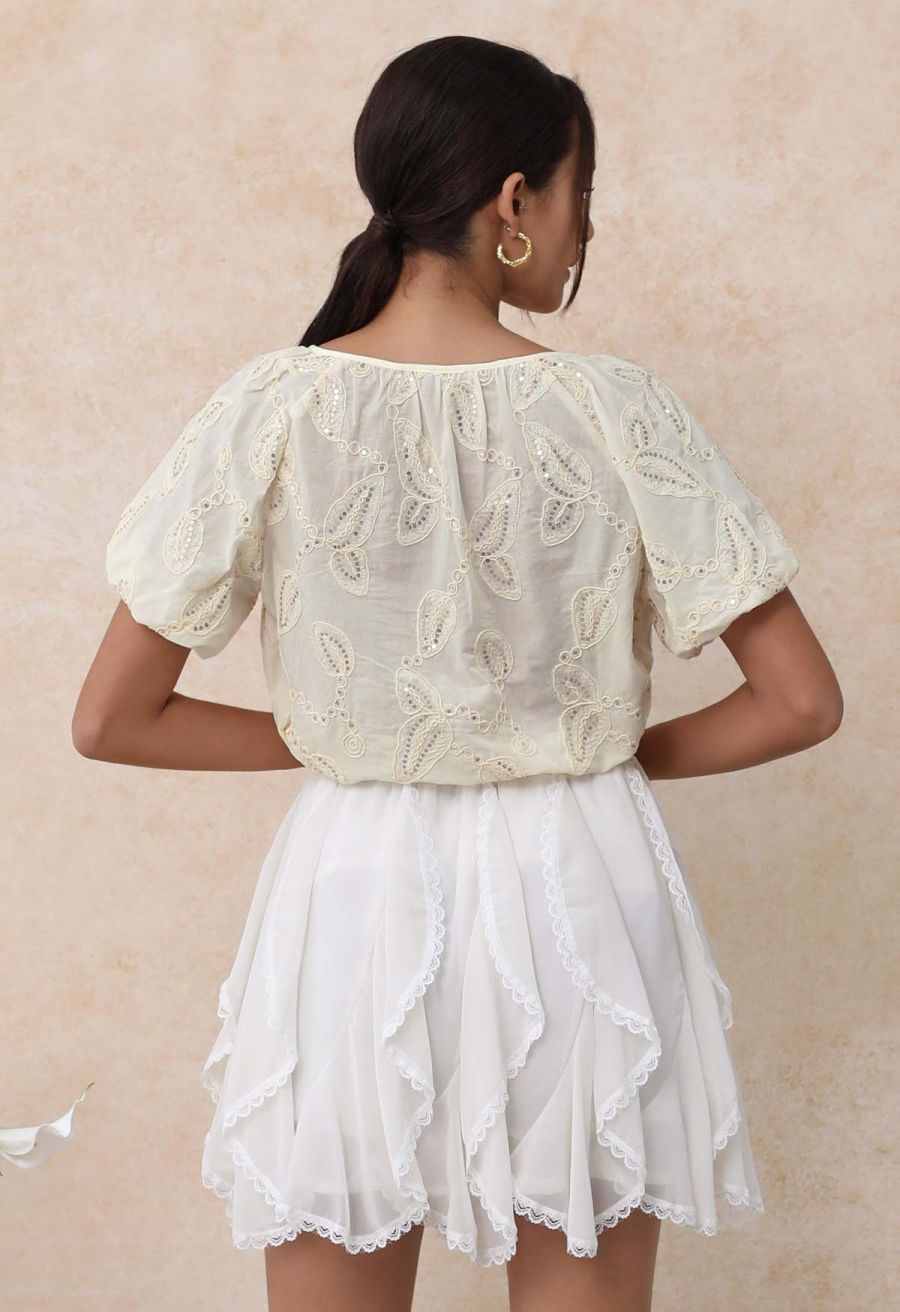Lace Ruffle Asymmetric Chiffon Mini Skirt in Ivory