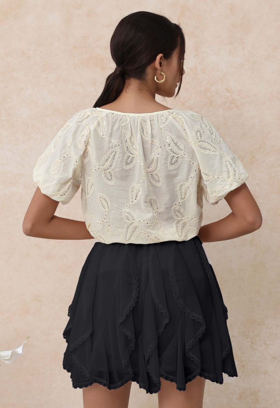Lace Ruffle Asymmetric Chiffon Mini Skirt in Black