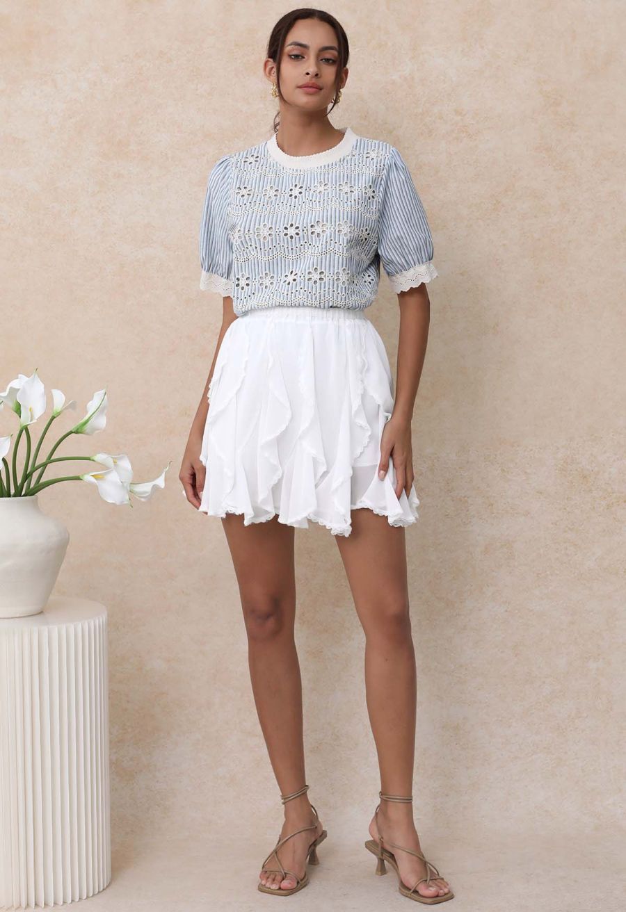 Lace Ruffle Asymmetric Chiffon Mini Skirt in White