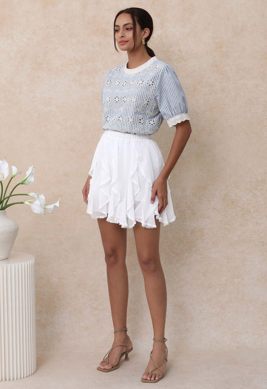 Lace Ruffle Asymmetric Chiffon Mini Skirt in White