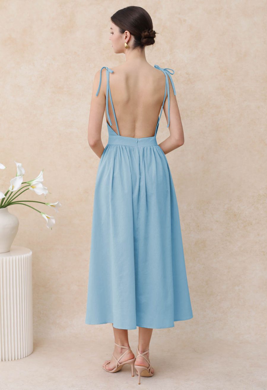 Solid Color Open Back Cotton Cami Dress in Light Blue