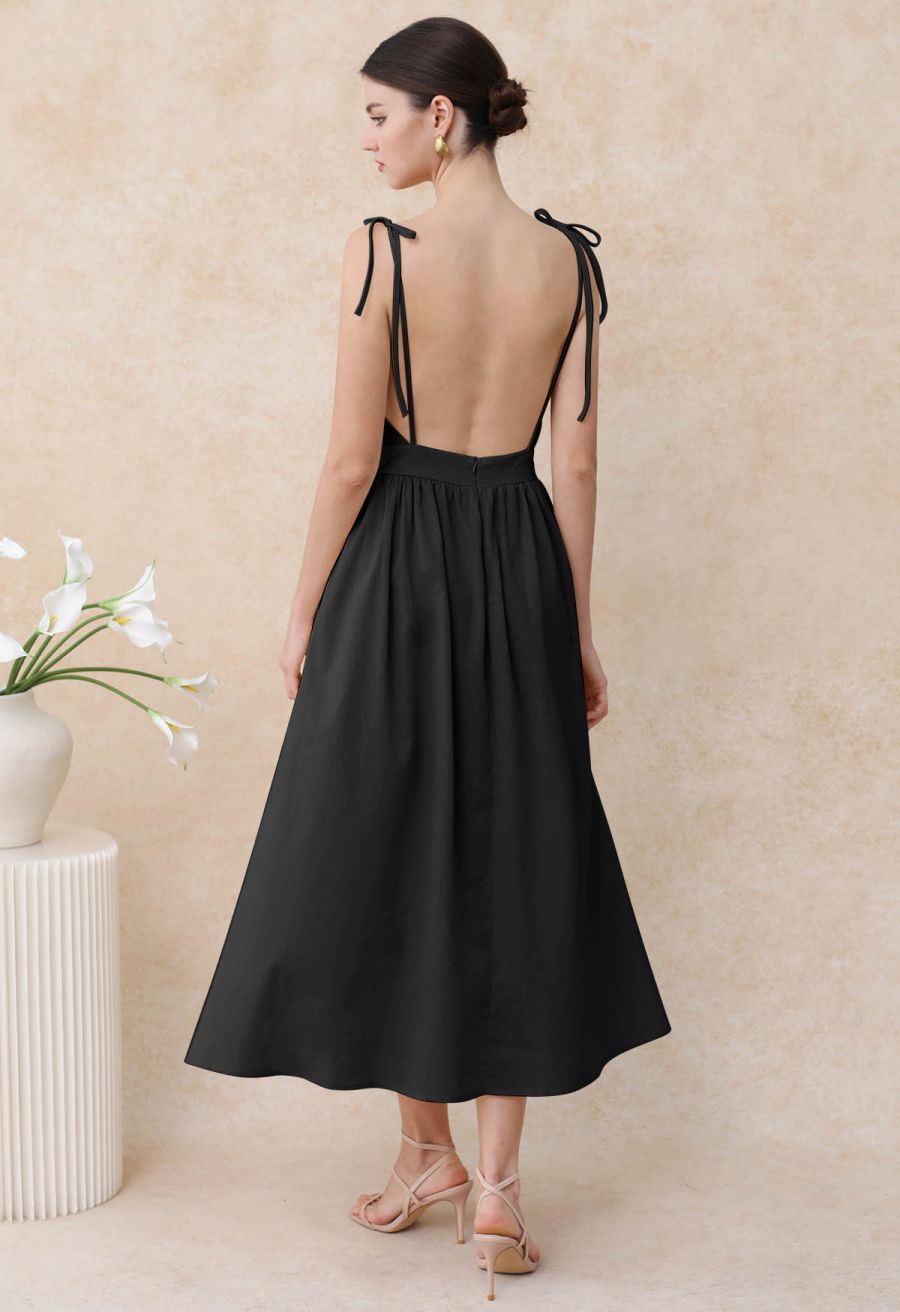 Solid Color Open Back Cotton Cami Dress in Black