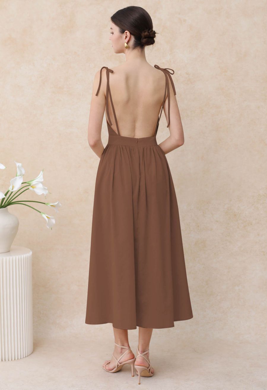 Solid Color Open Back Cotton Cami Dress in Brown