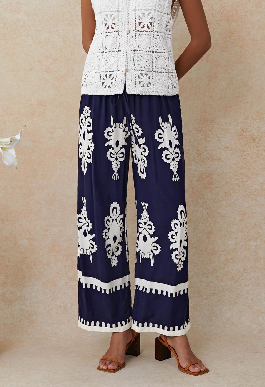 Tile Printed Shirred Waist Pants in Navy