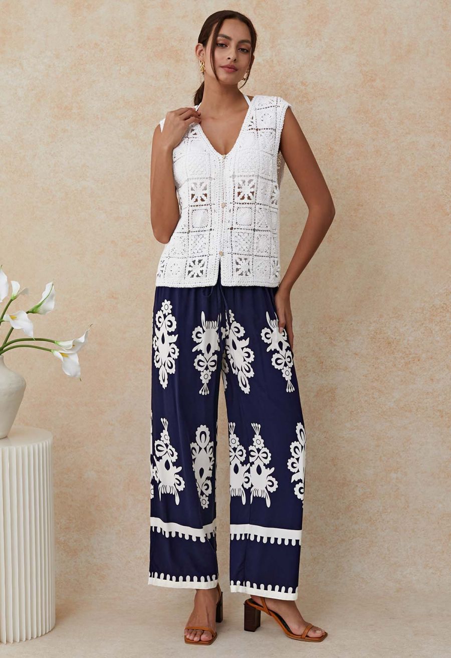 Tile Printed Shirred Waist Pants in Navy