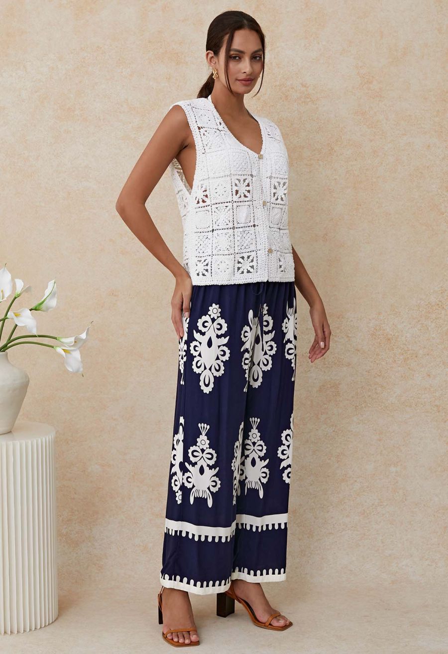 Tile Printed Shirred Waist Pants in Navy