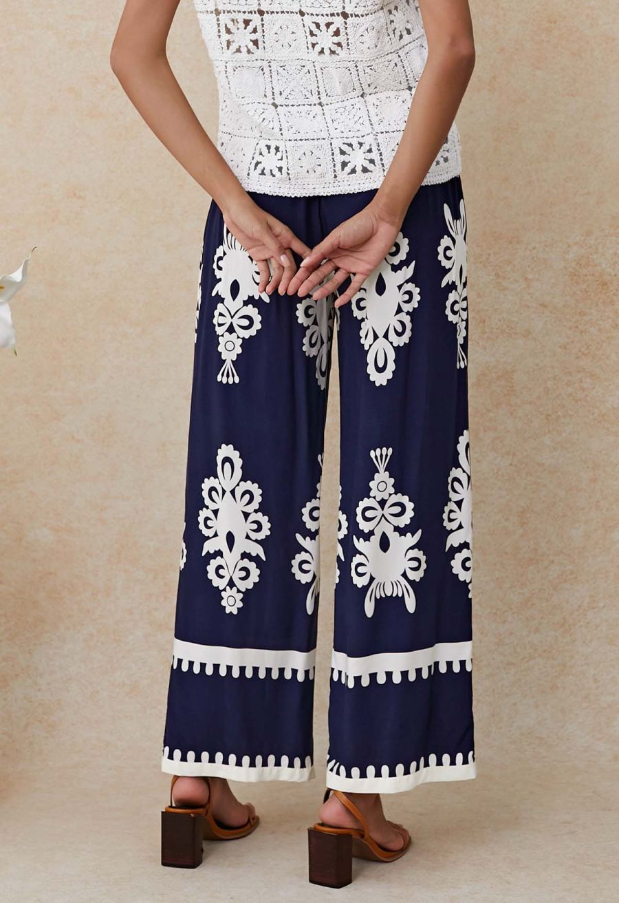 Tile Printed Shirred Waist Pants in Navy