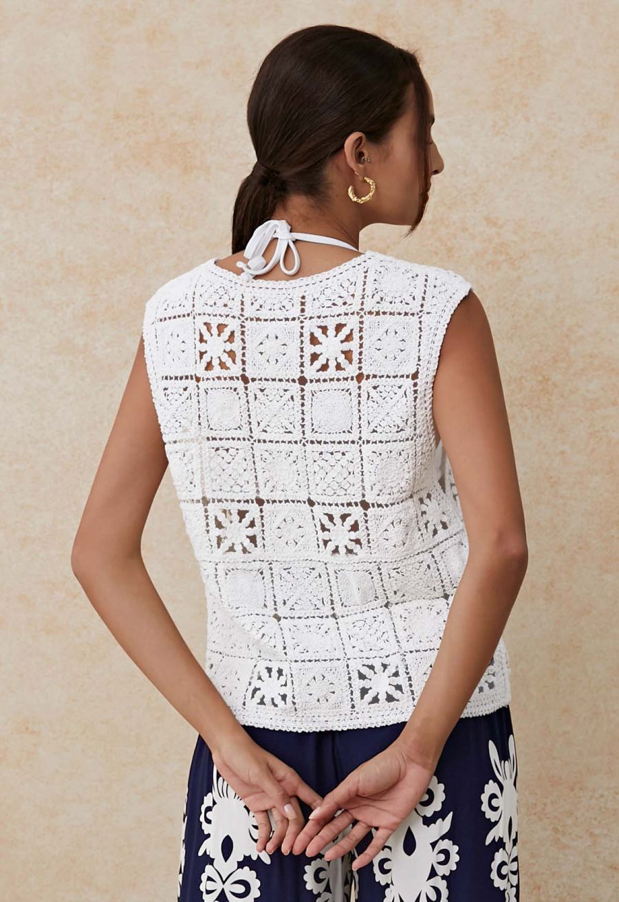 Crochet Square Cutwork Button-Front Vest in White