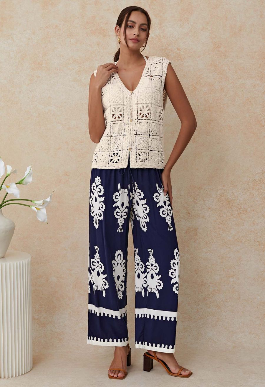 Crochet Square Cutwork Button-Front Vest in Sand