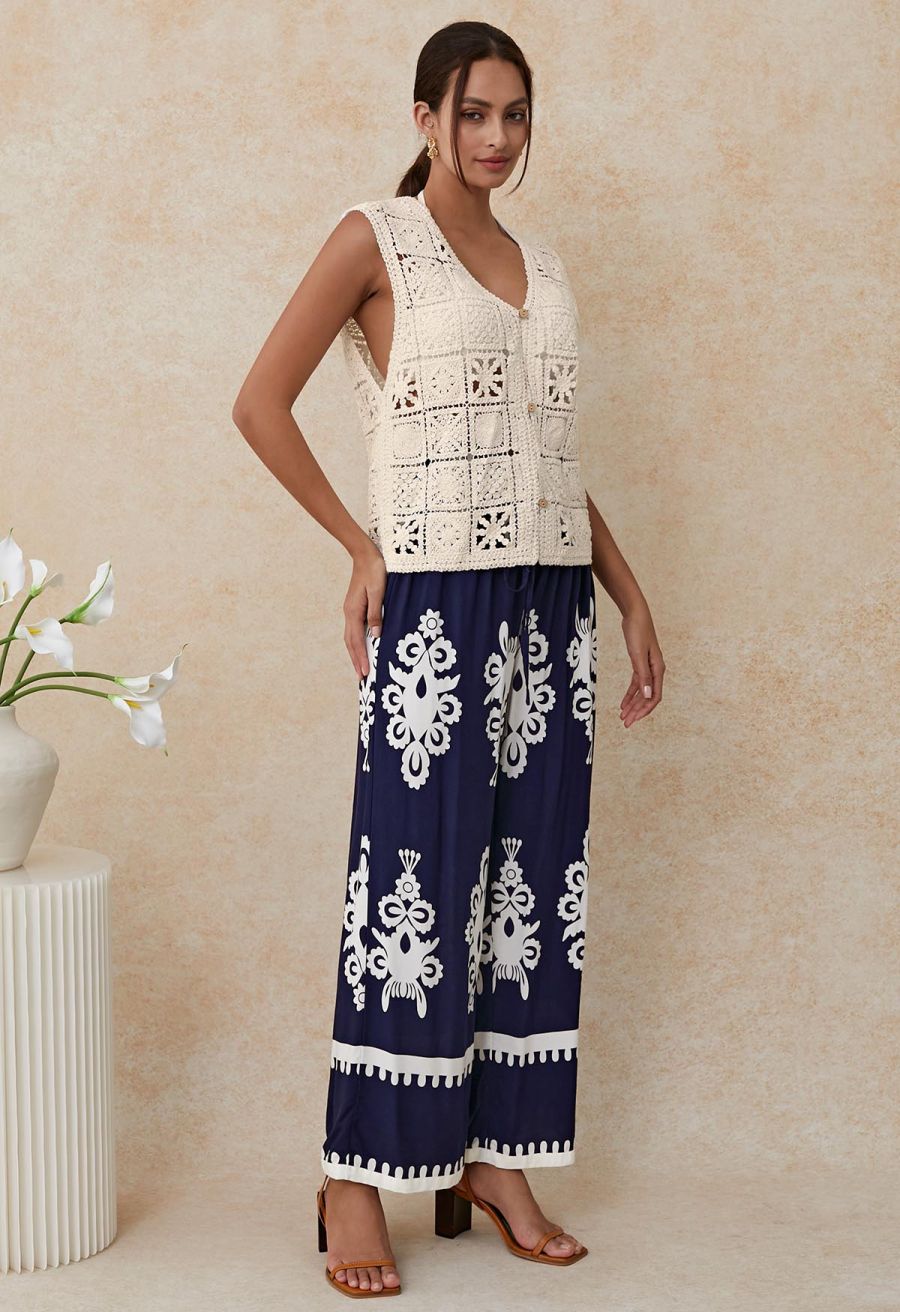 Crochet Square Cutwork Button-Front Vest in Sand