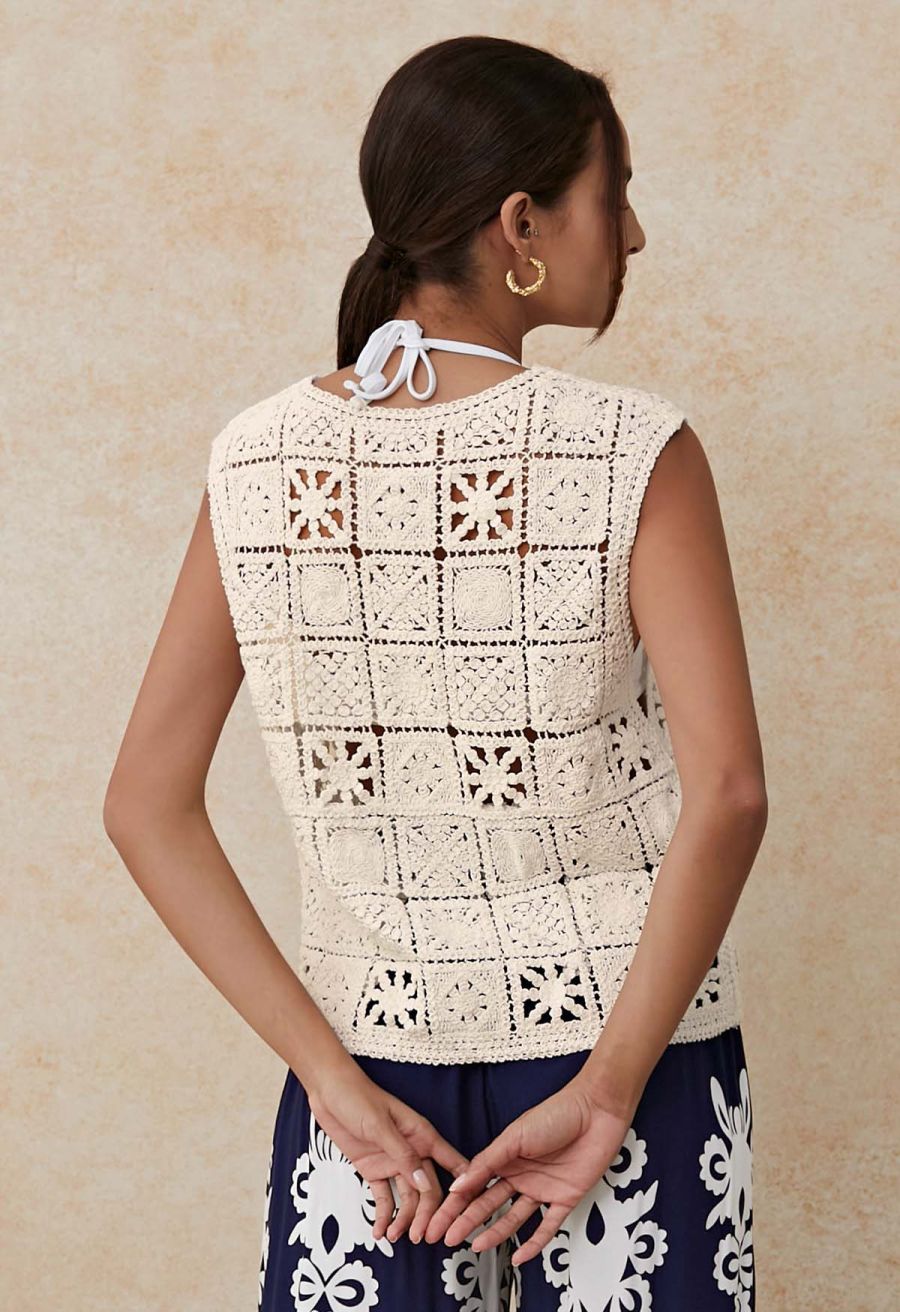 Crochet Square Cutwork Button-Front Vest in Sand