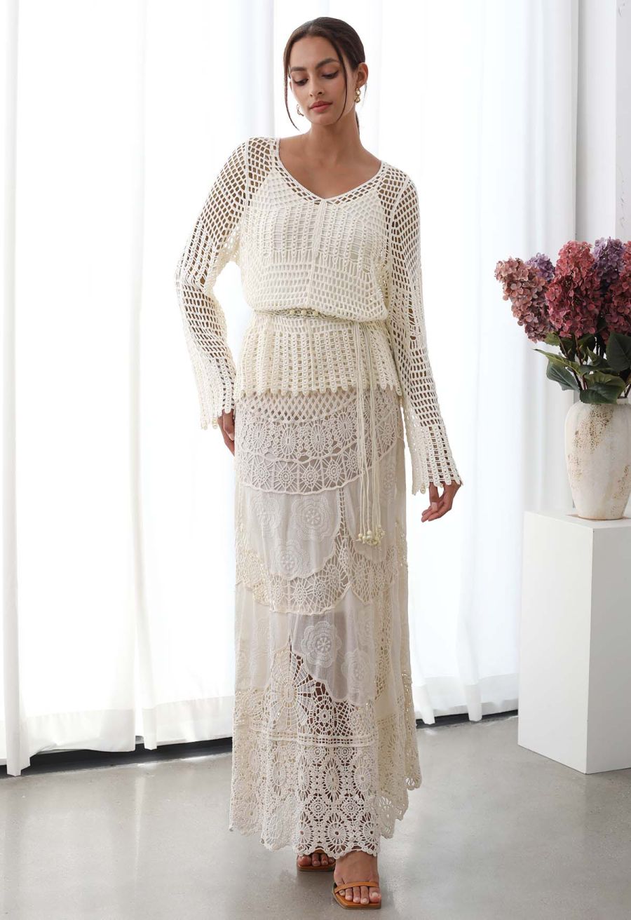 Open-Knit Crochet Belted Long Sleeve Top
