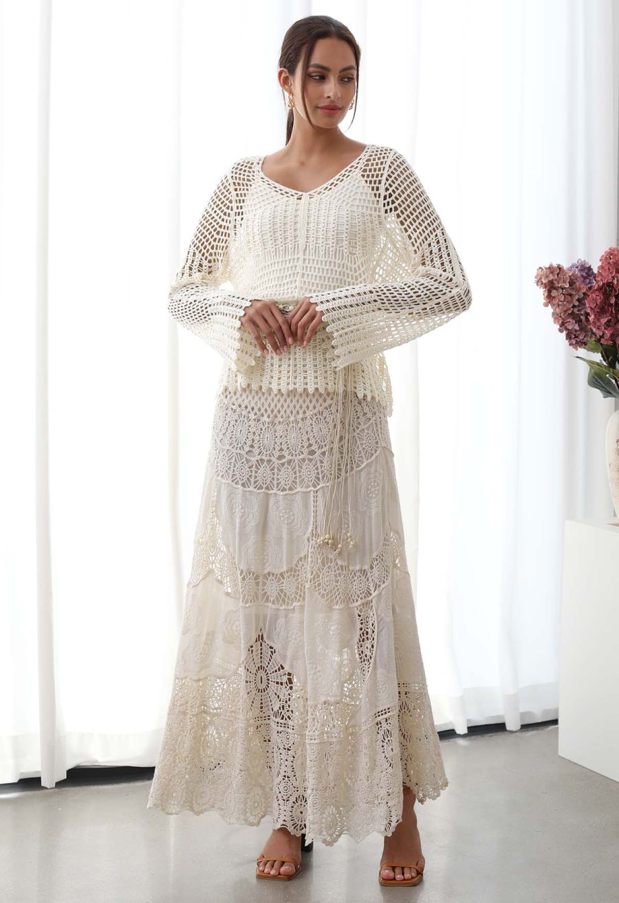 Open-Knit Crochet Belted Long Sleeve Top