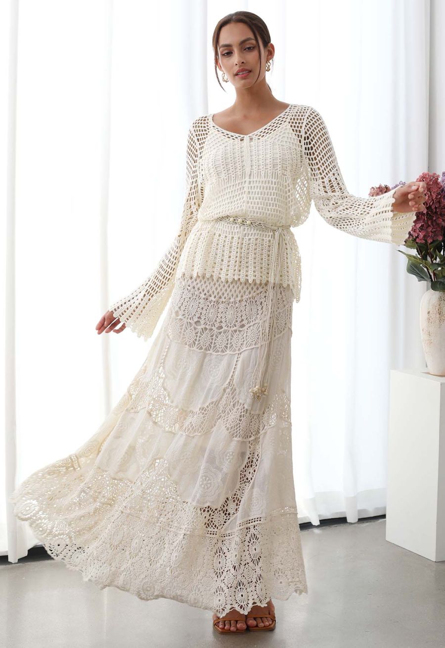 Open-Knit Crochet Belted Long Sleeve Top