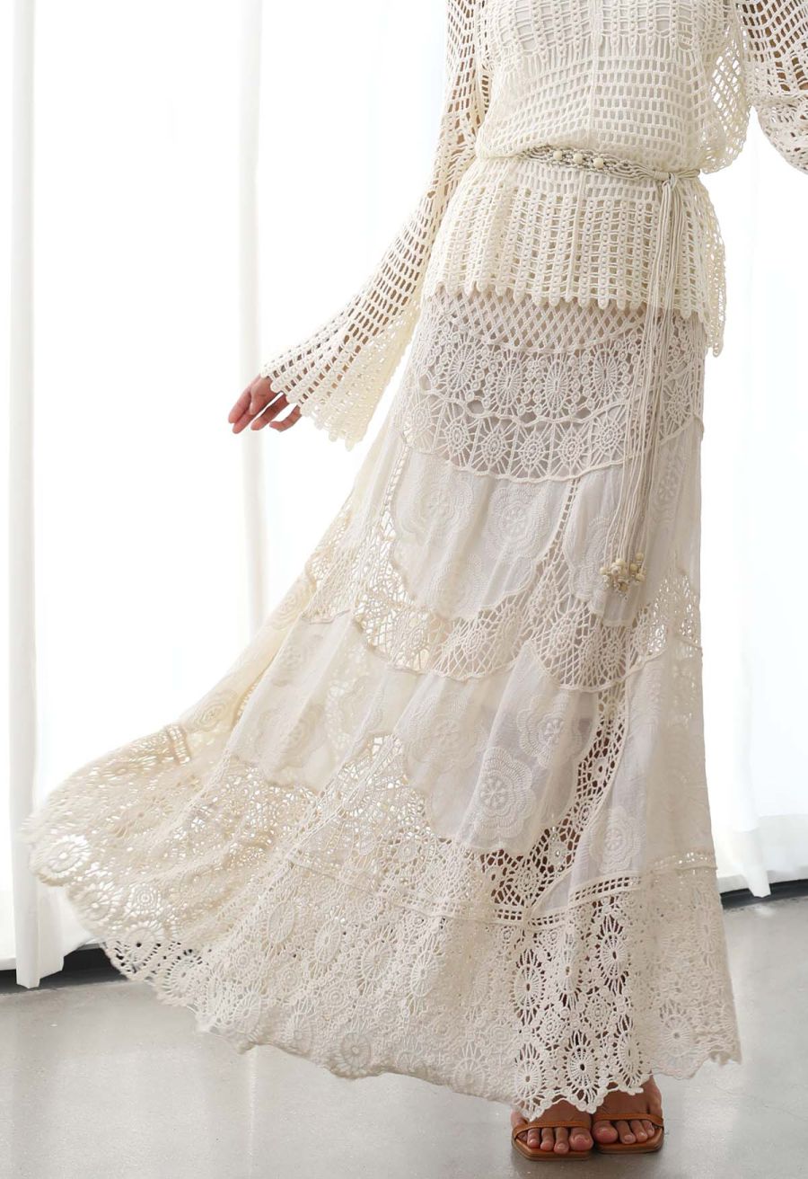 Artistry Floral Embroidered Crochet Maxi Skirt in Sand