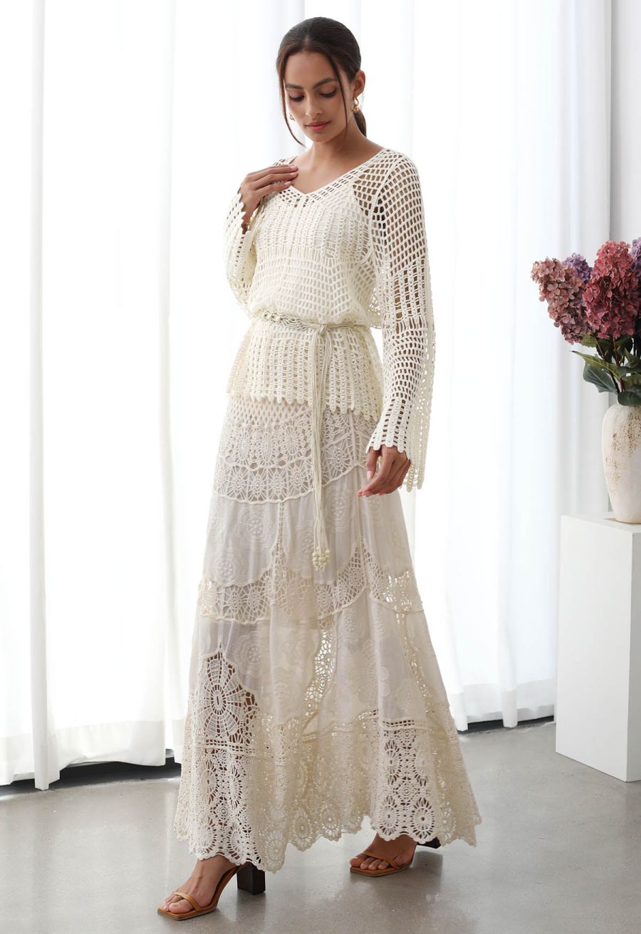 Artistry Floral Embroidered Crochet Maxi Skirt in Sand