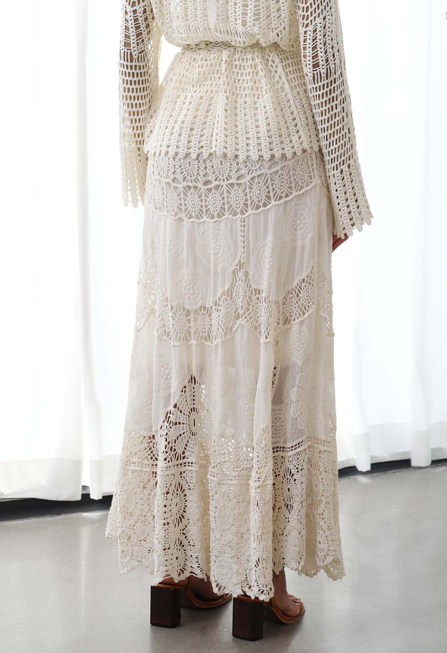 Artistry Floral Embroidered Crochet Maxi Skirt in Sand