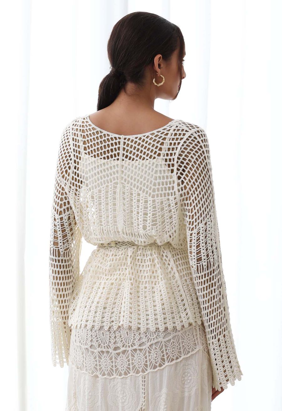 Open-Knit Crochet Belted Long Sleeve Top