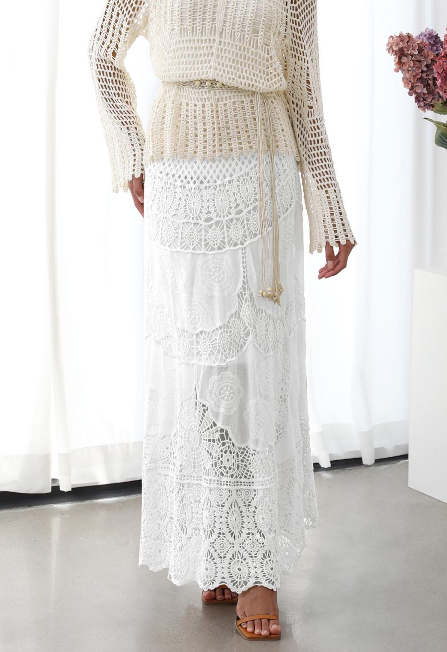 Artistry Floral Embroidered Crochet Maxi Skirt in White