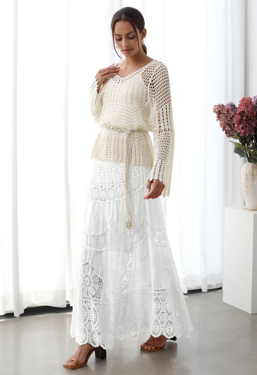 Artistry Floral Embroidered Crochet Maxi Skirt in White