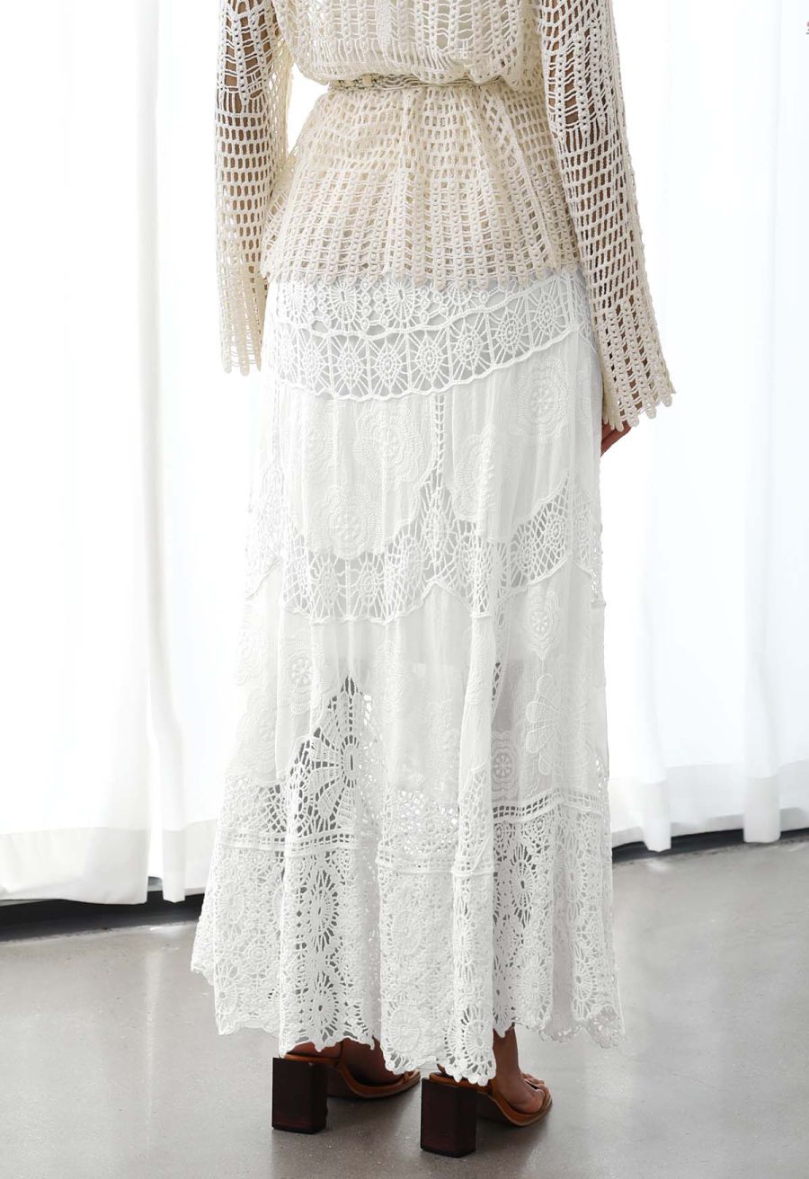Artistry Floral Embroidered Crochet Maxi Skirt in White
