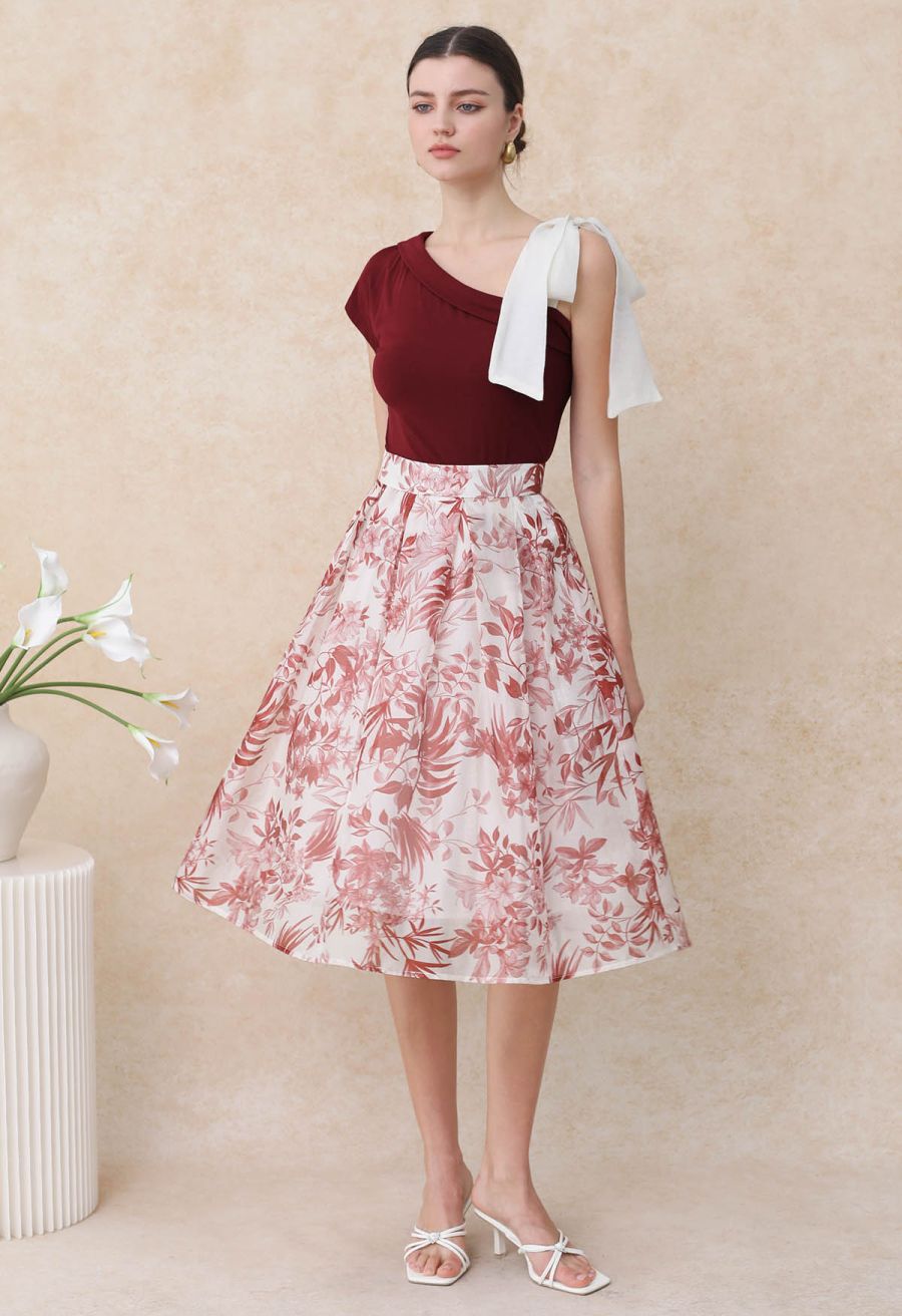 Organza Bow Accent One-Shoulder Slanted Top in Red