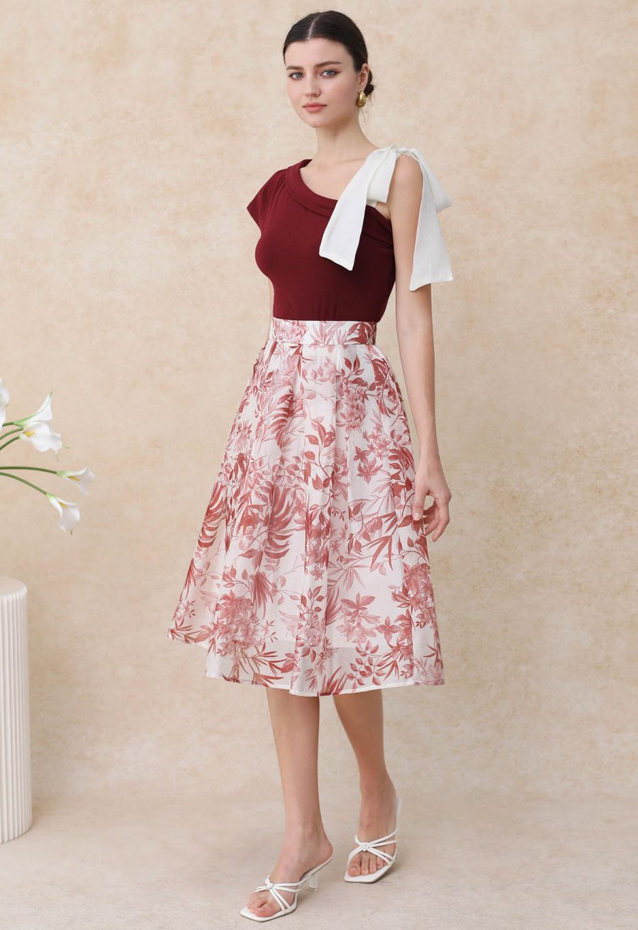 Organza Bow Accent One-Shoulder Slanted Top in Red