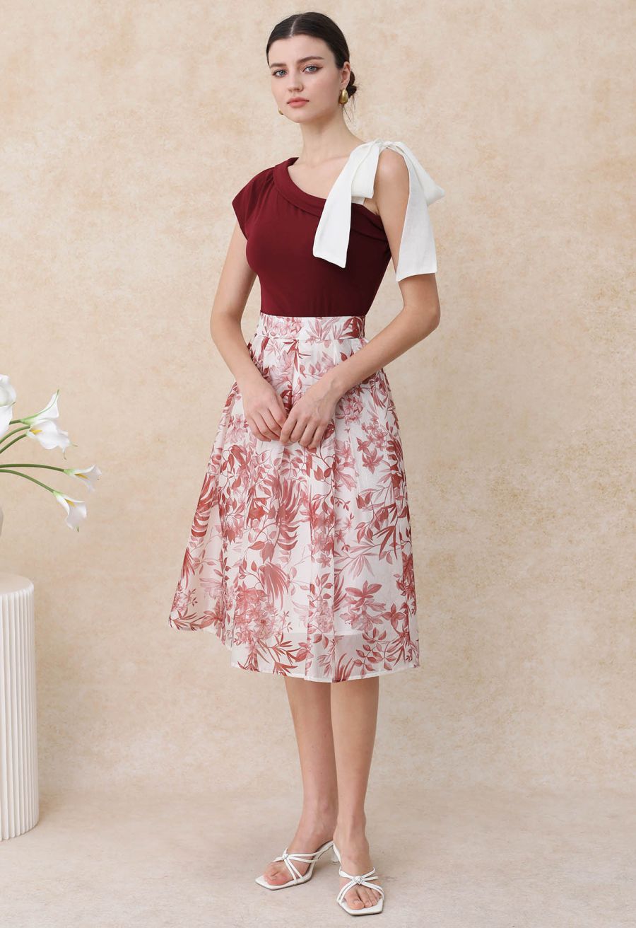 Organza Bow Accent One-Shoulder Slanted Top in Red