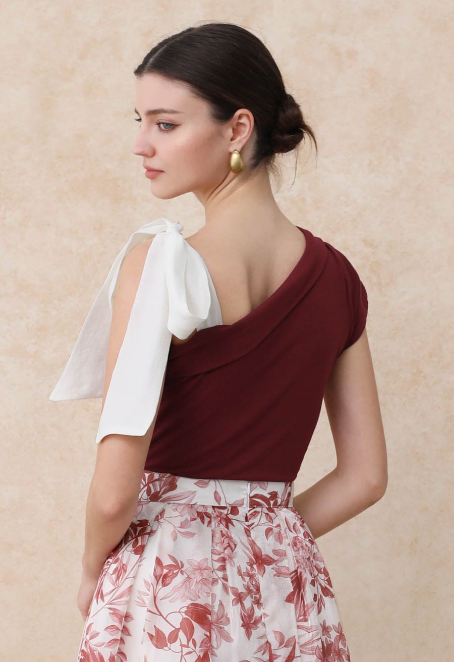 Organza Bow Accent One-Shoulder Slanted Top in Red