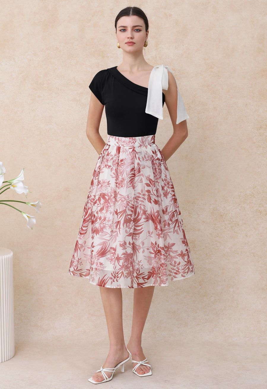 Organza Bow Accent One-Shoulder Slanted Top in Black