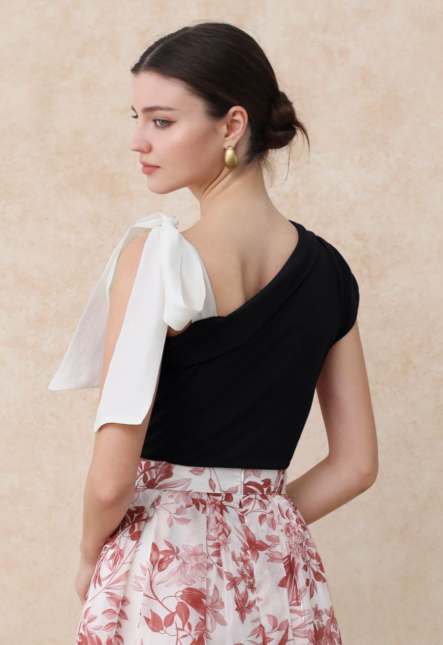 Organza Bow Accent One-Shoulder Slanted Top in Black