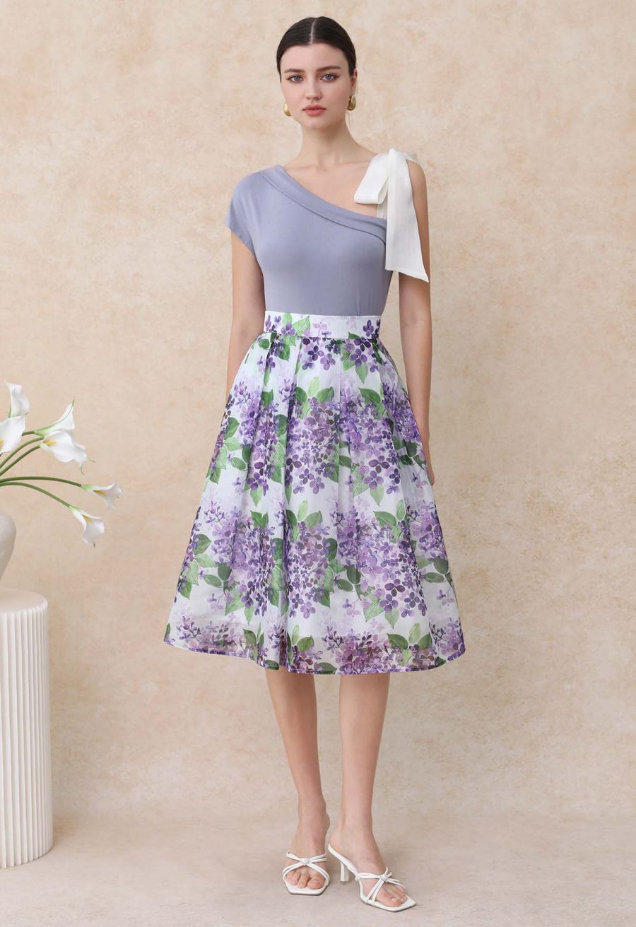 Organza Bow Accent One-Shoulder Slanted Top in Lilac