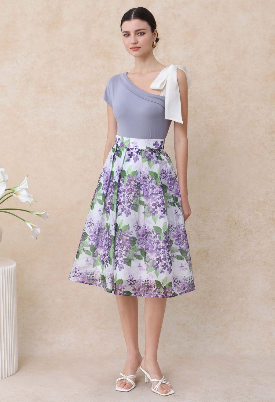 Organza Bow Accent One-Shoulder Slanted Top in Lilac