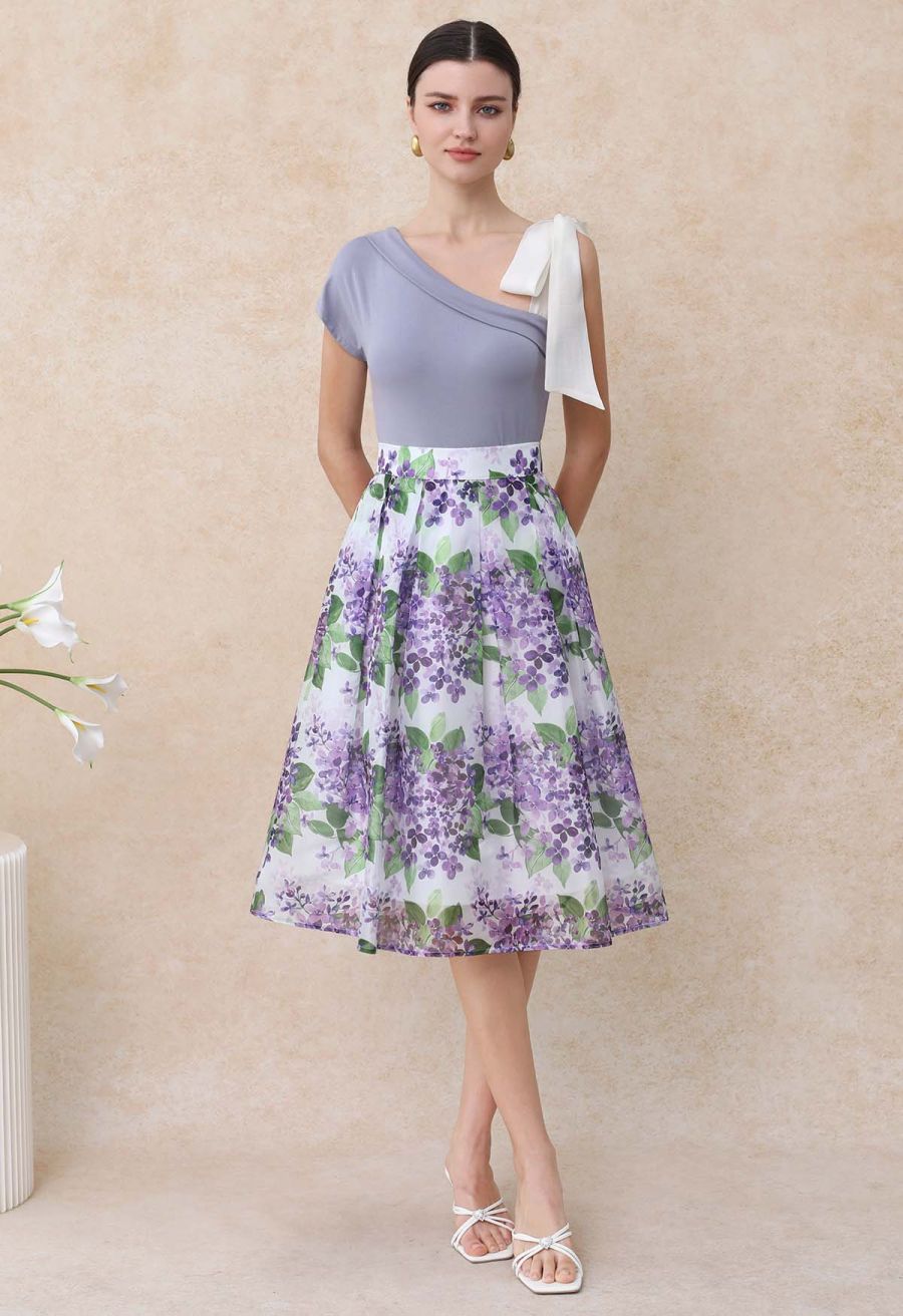 Organza Bow Accent One-Shoulder Slanted Top in Lilac