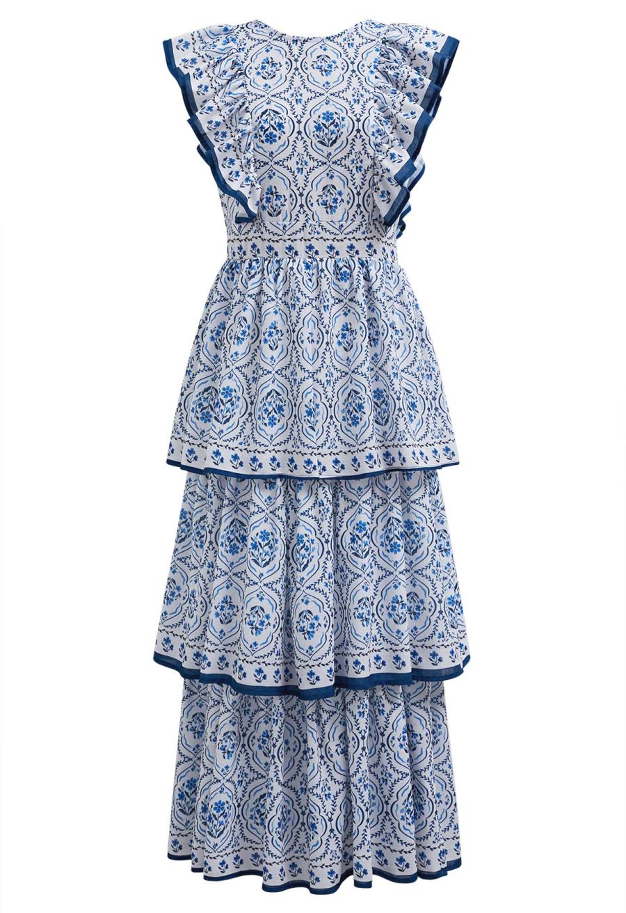 Open Back Ruffle Floret Tile Printed Sleeveless Dress