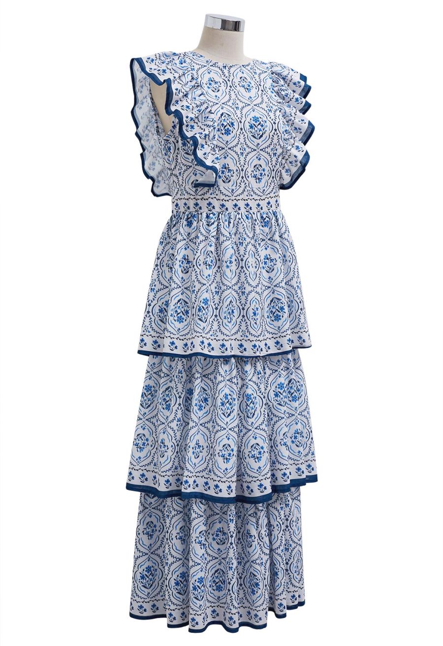 Open Back Ruffle Floret Tile Printed Sleeveless Dress