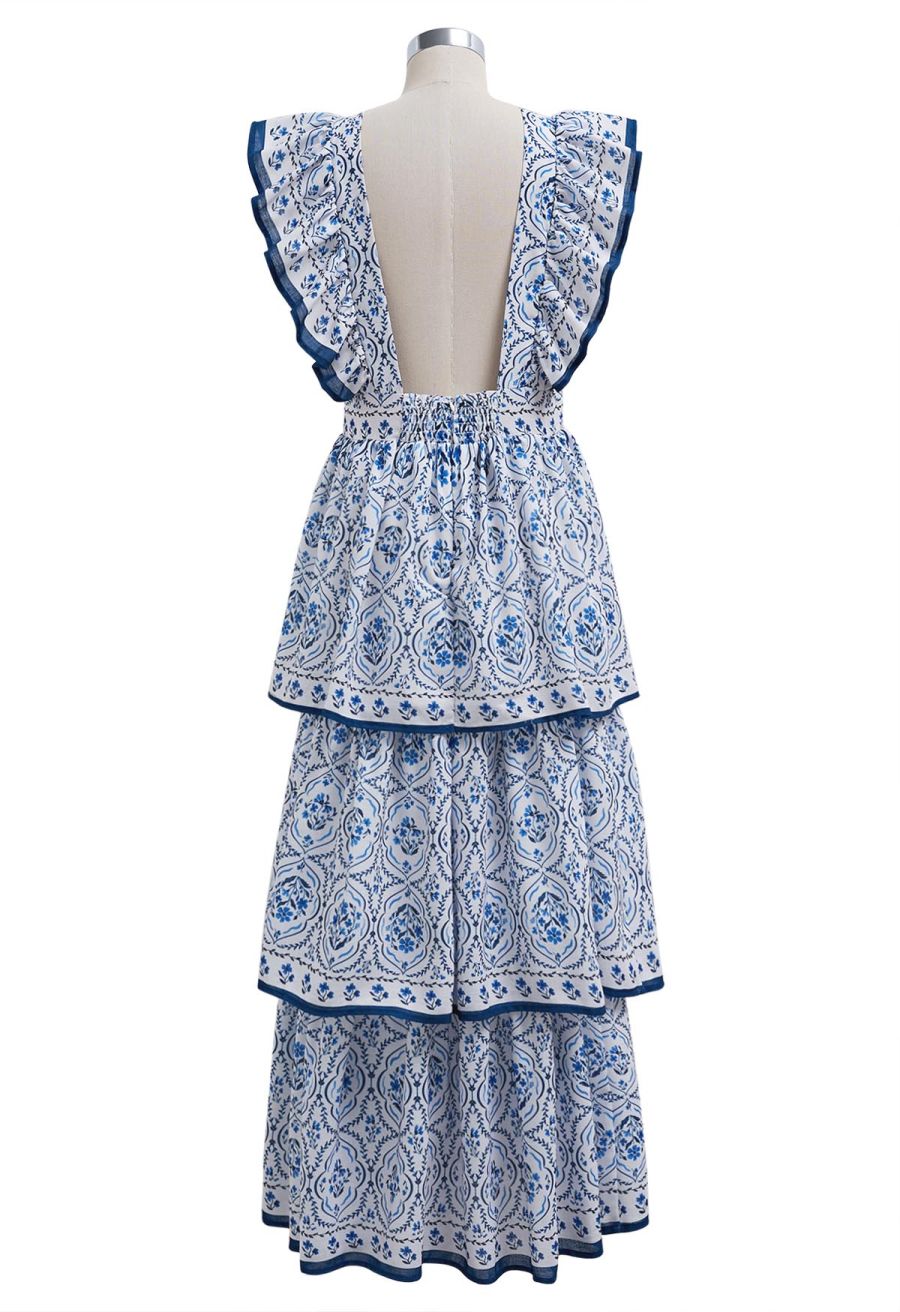 Open Back Ruffle Floret Tile Printed Sleeveless Dress