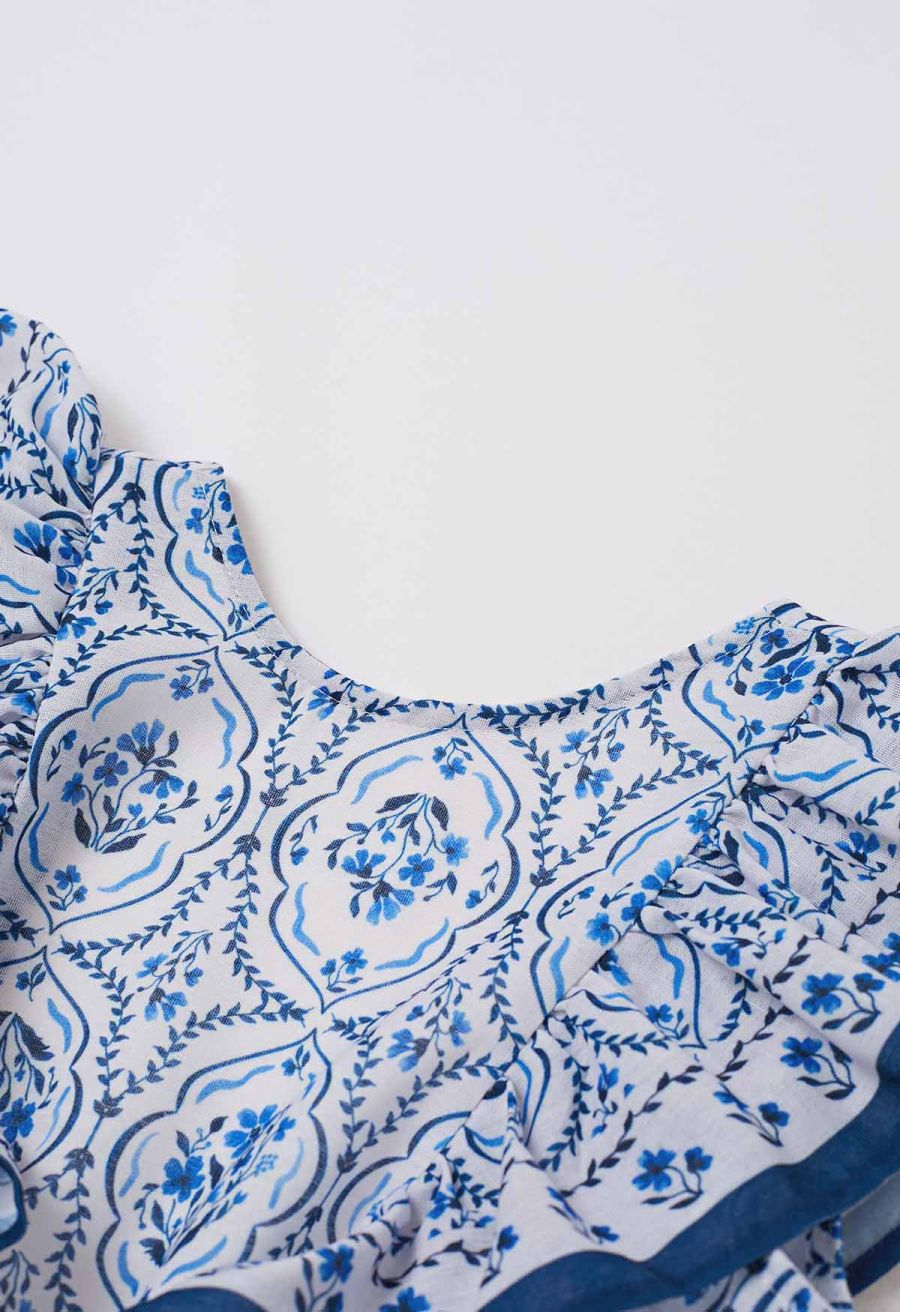 Open Back Ruffle Floret Tile Printed Sleeveless Dress
