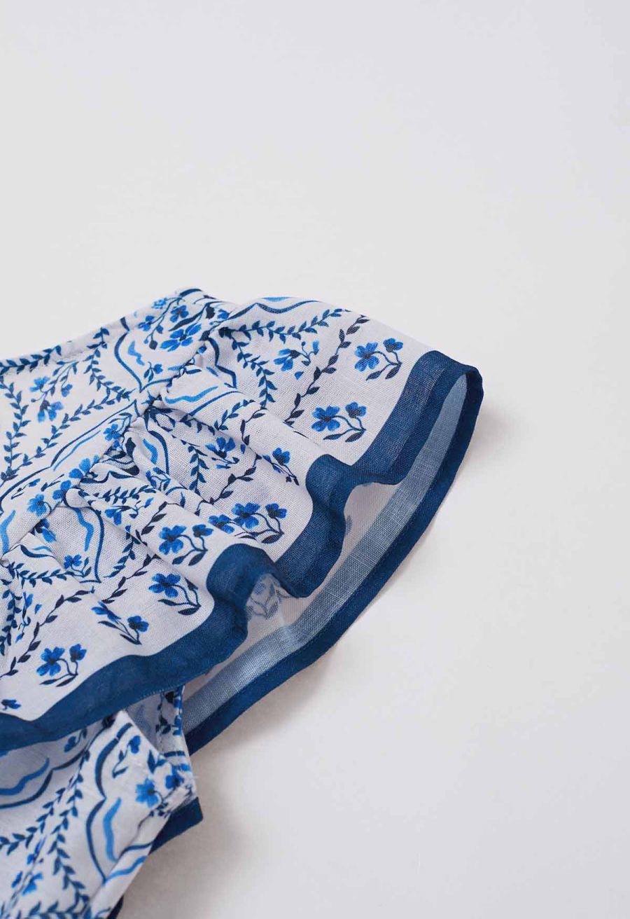 Open Back Ruffle Floret Tile Printed Sleeveless Dress