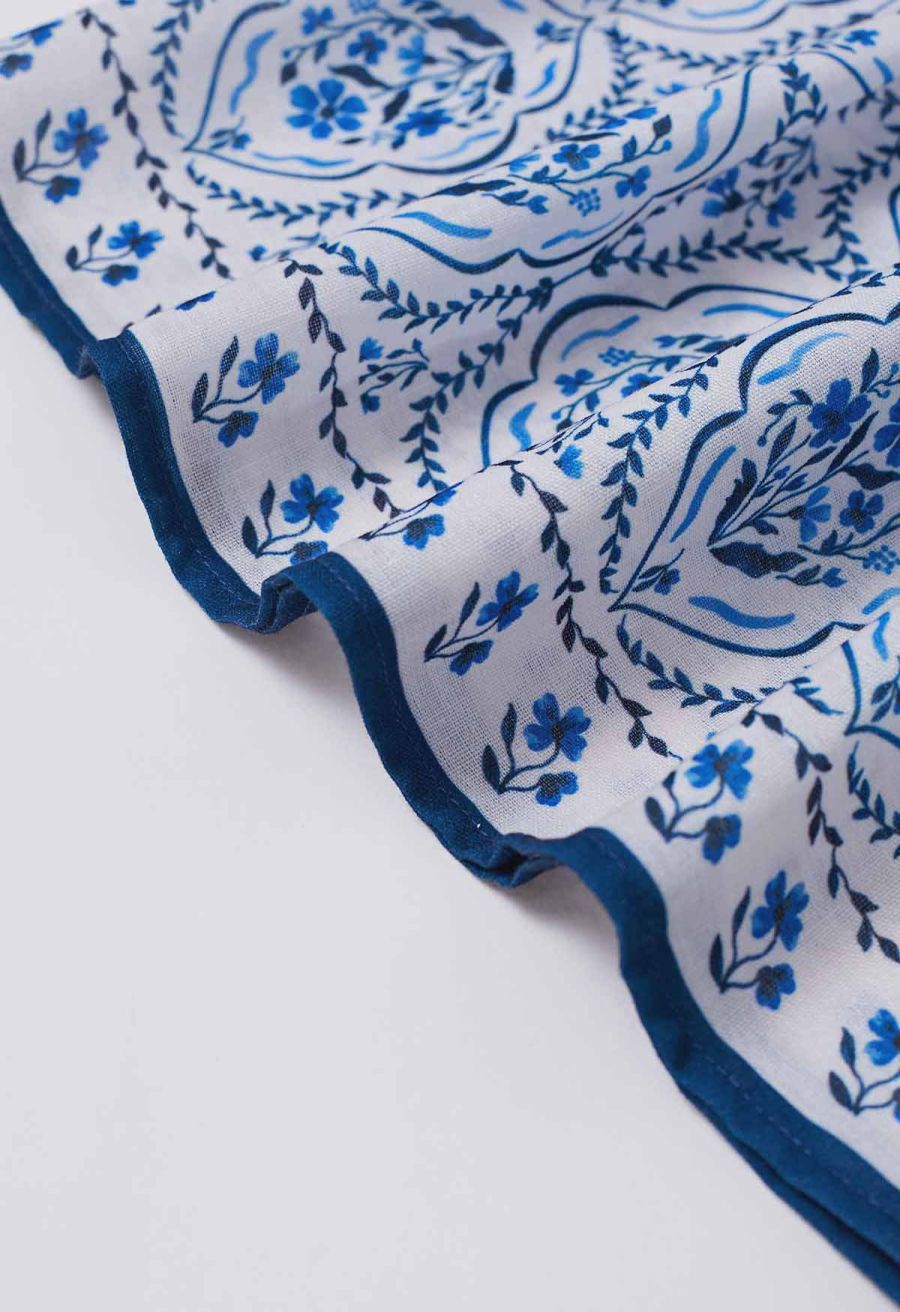 Open Back Ruffle Floret Tile Printed Sleeveless Dress
