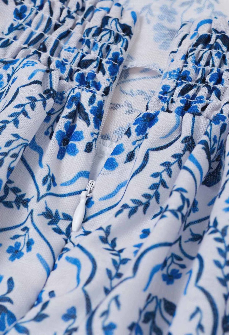 Open Back Ruffle Floret Tile Printed Sleeveless Dress