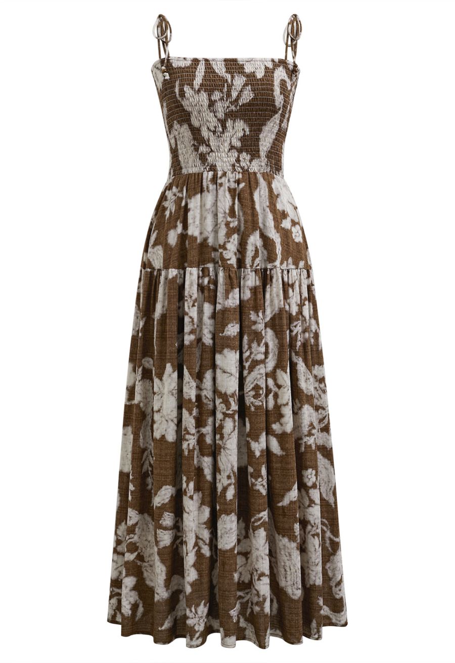 Blurry Floral Printed Shirred Cami Dress in Brown