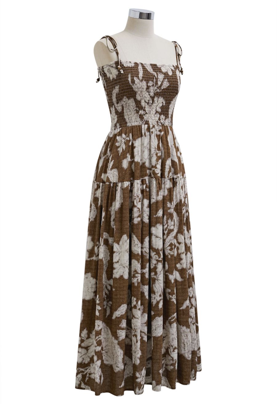Blurry Floral Printed Shirred Cami Dress in Brown