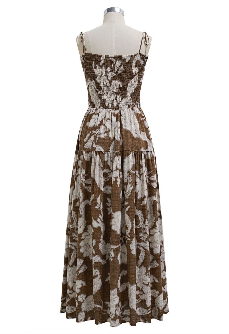 Blurry Floral Printed Shirred Cami Dress in Brown