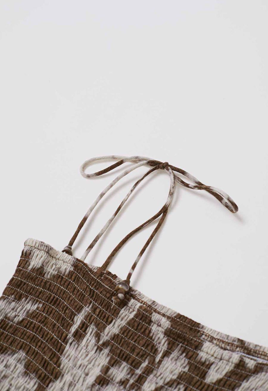 Blurry Floral Printed Shirred Cami Dress in Brown