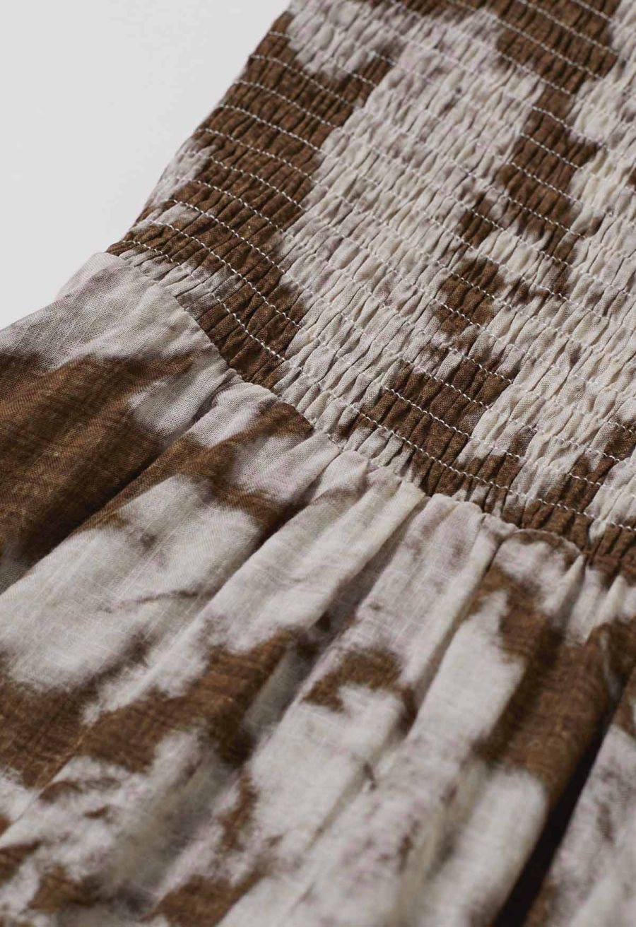 Blurry Floral Printed Shirred Cami Dress in Brown