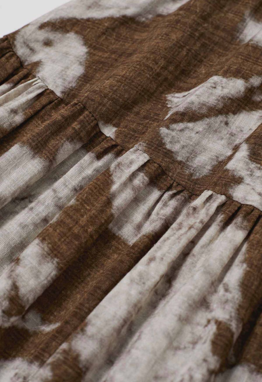 Blurry Floral Printed Shirred Cami Dress in Brown