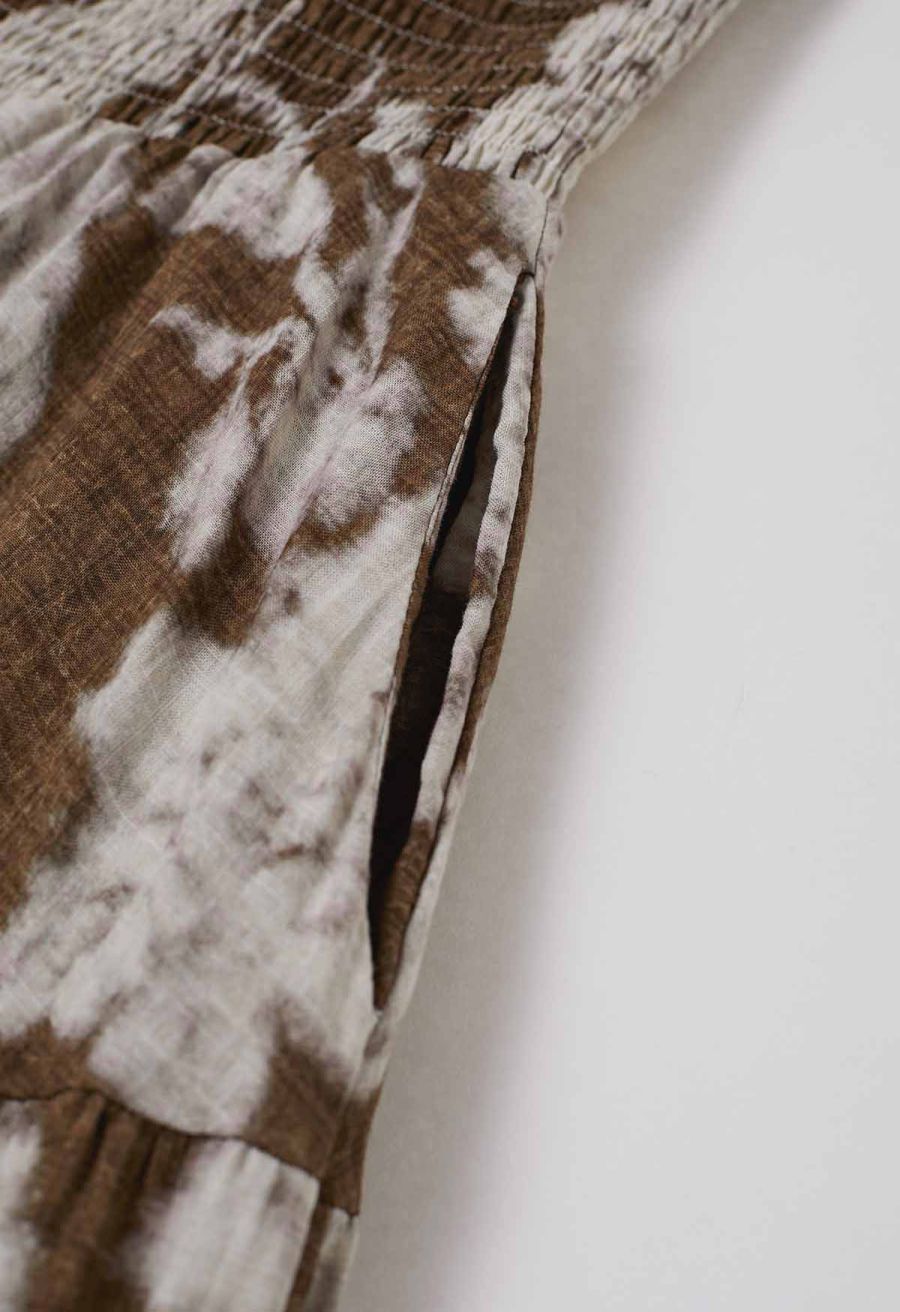 Blurry Floral Printed Shirred Cami Dress in Brown